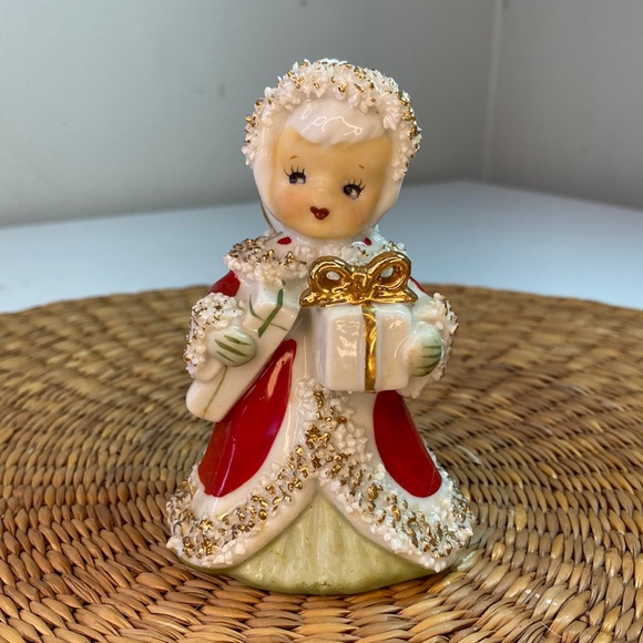 Vintage Lefton Christmas Angel Bell Spaghetti Edge Gold Trim Japan Figurine